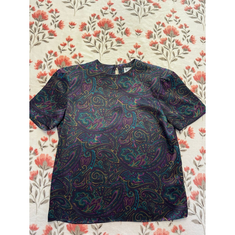 Stirling Cooper Vintage Paisley Blouse Purple Teal Short Sleeve Shoulder Pads 8